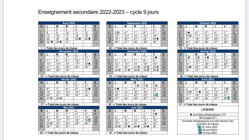 Horaire scolaire 2022-2023